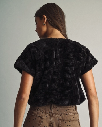 Plush Textured Faux Fur Top Black