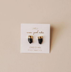 Gold Dip Point Stud Earrings Obsidian