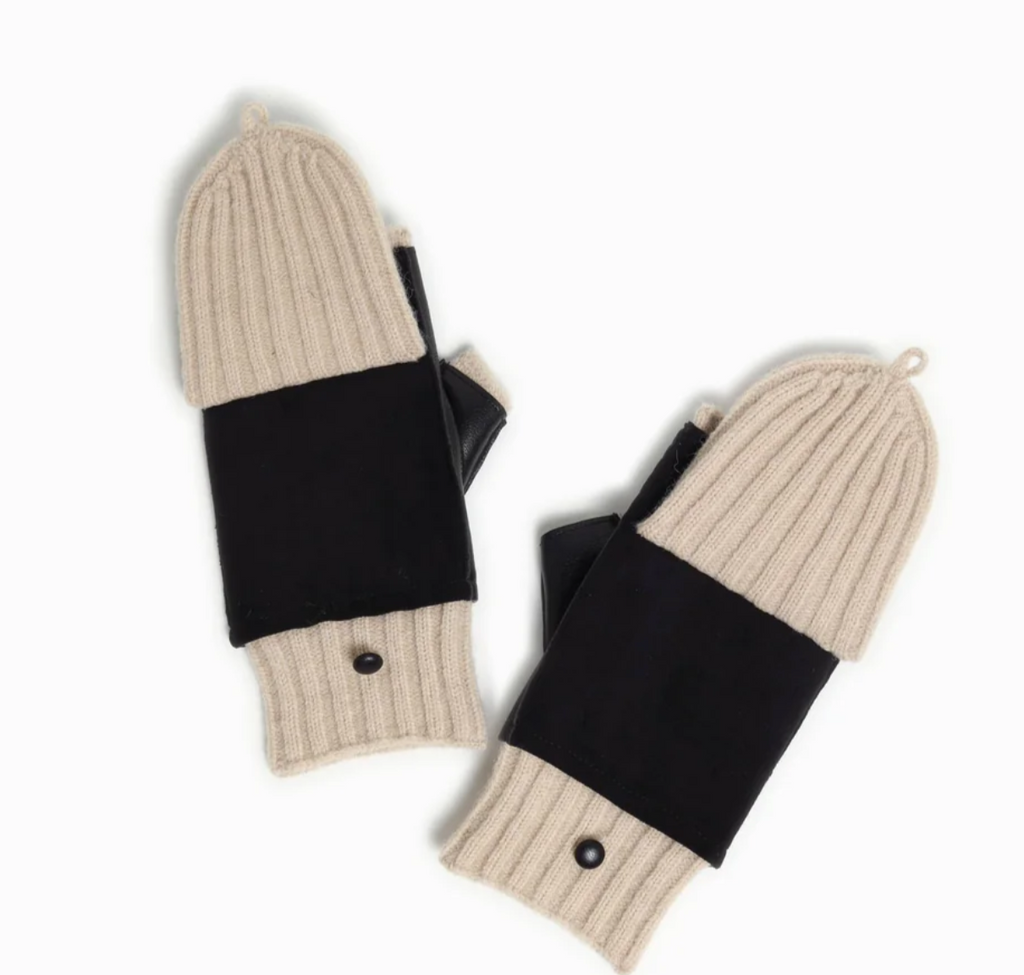 Faux Leather and Wool Knit Flap Mittens