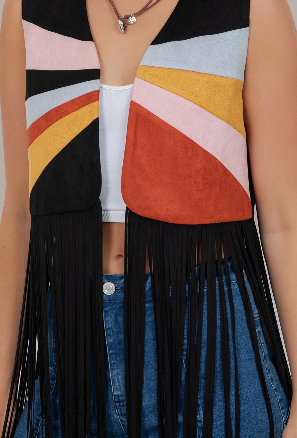 Sunrise Long Fringe Vest Black Multi