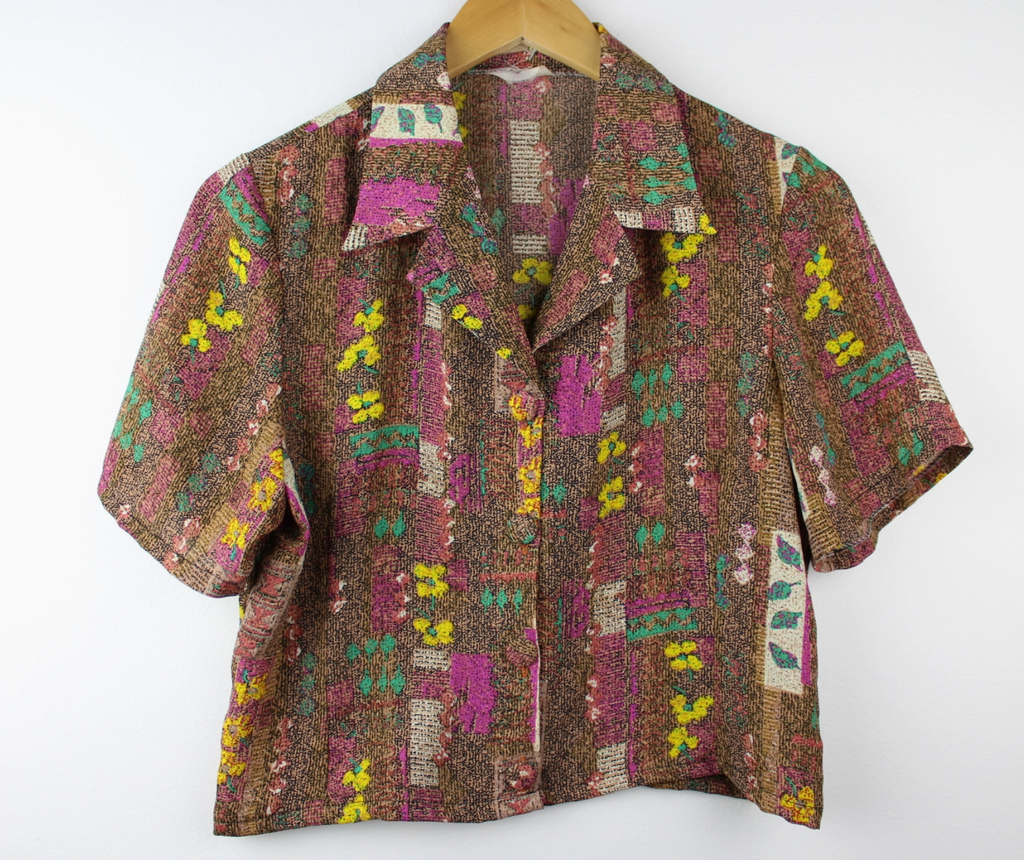 Reworked Cropped Short-Sleeve Button Up Blouse Assorted