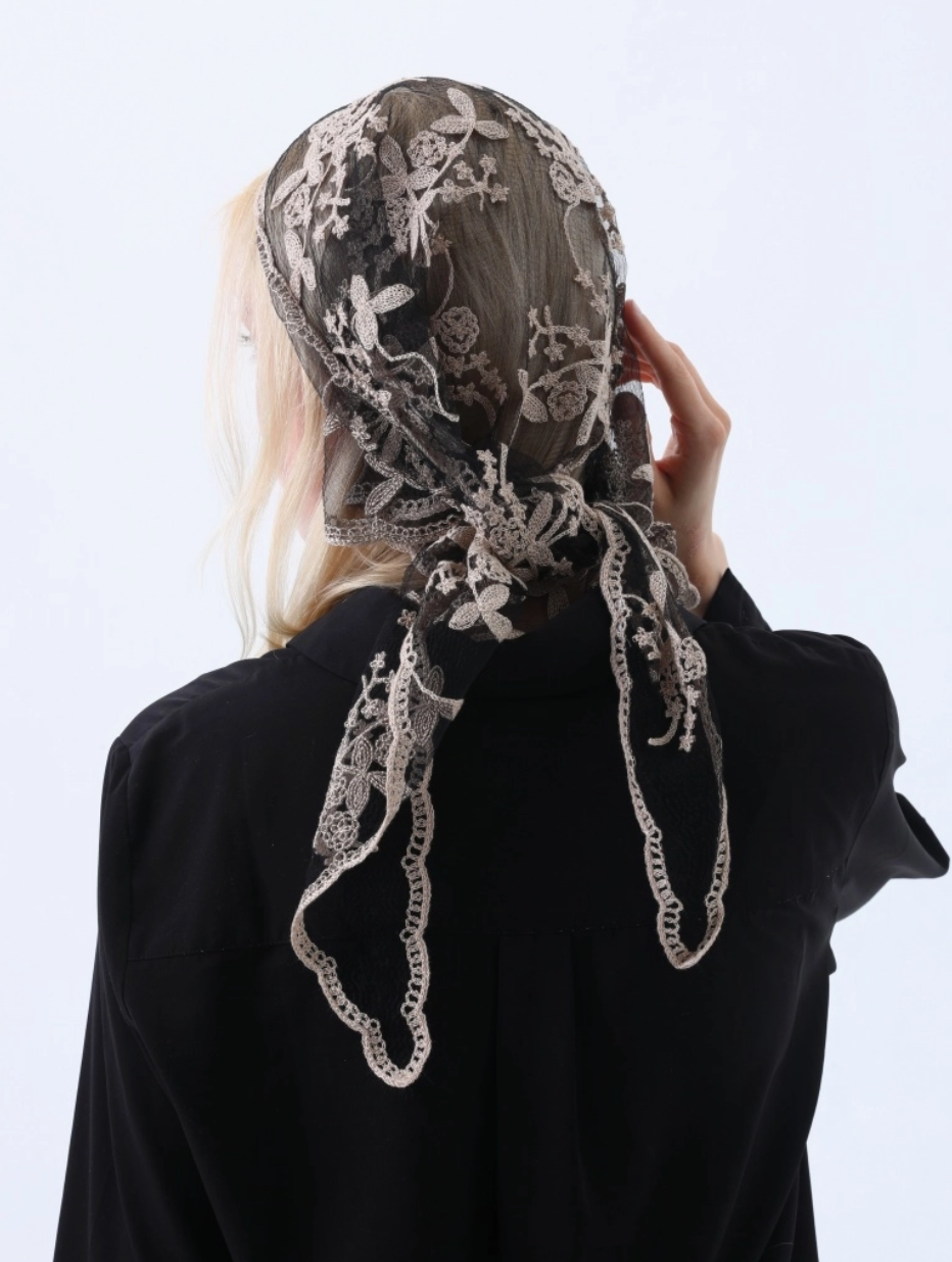 Retro Lace Floral Headscarf Black
