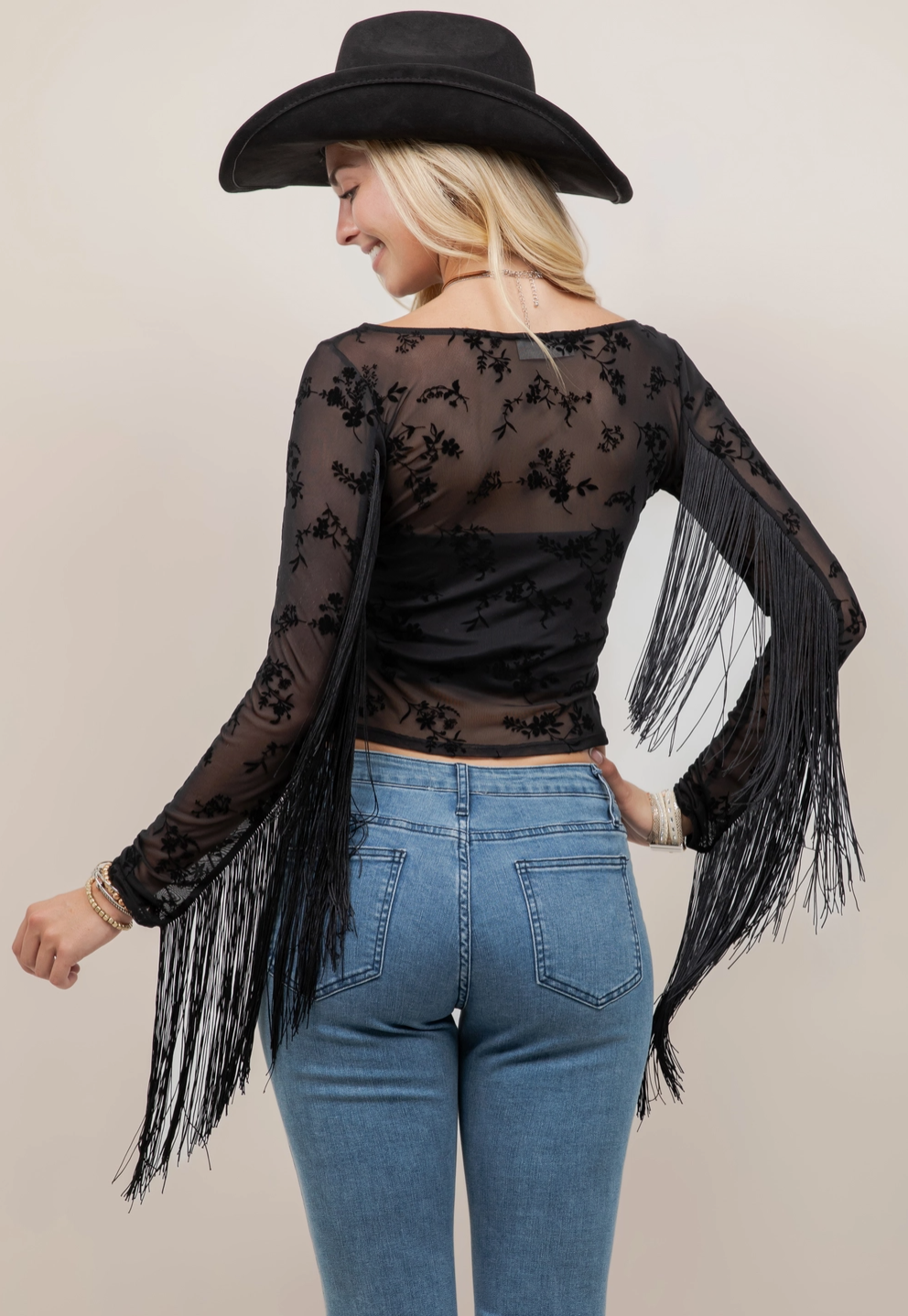 Sheer Floral Fringe Top
