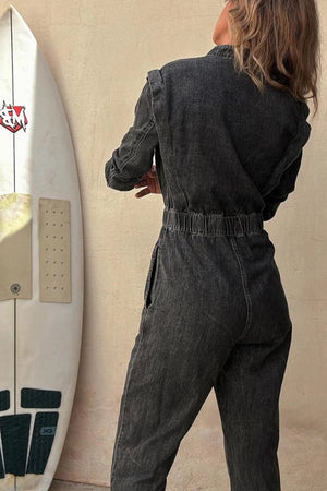 Long Sleeve Denim Jumpsuit Black