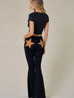 Star Pocket Bell Bottom Jeans Black/Tan