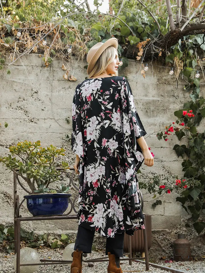 Flowing Floral Kimono with Butterfly Sleeves Black