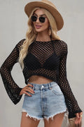 Open Crochet Crop Shirt Black