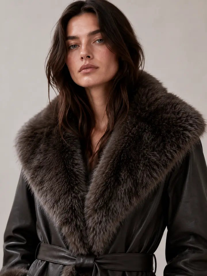Montauk Faux Leather Coat with Faux Fur Trim Brown