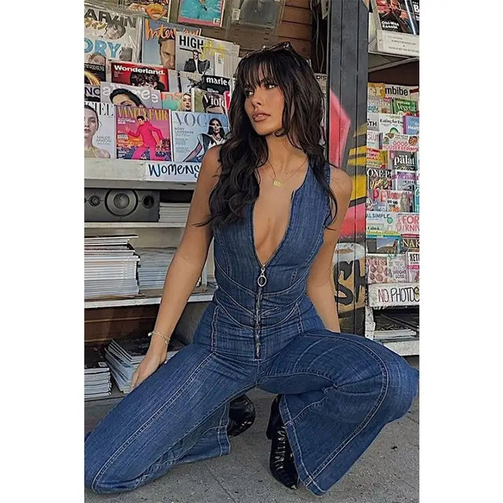 Backless Zip Up Denim Jumpsuit
