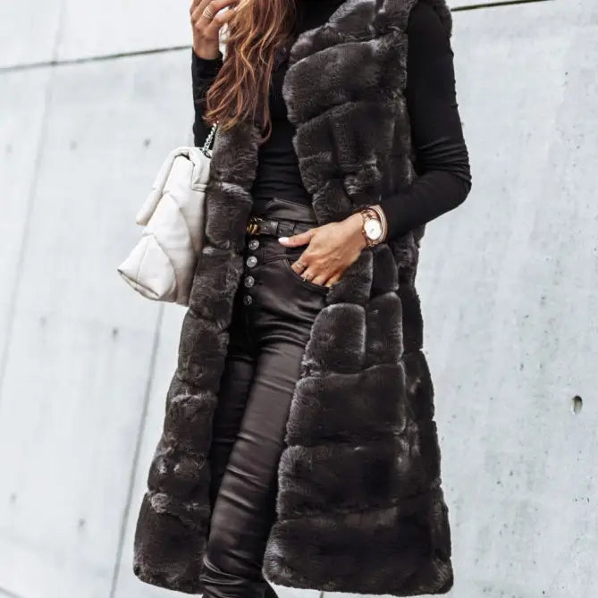 Faux Fur Long Vest Grey