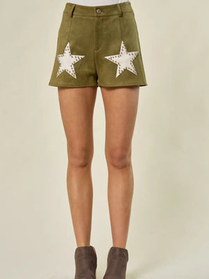 Studded Star Sueded Shorts Olive