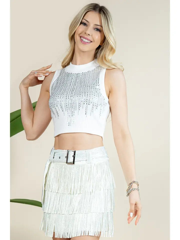 Rhinestone Knit Muscle Tank Off White