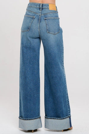 High Rise Wide Leg Cuff Jeans