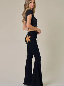 Star Pocket Bell Bottom Jeans Black/Tan