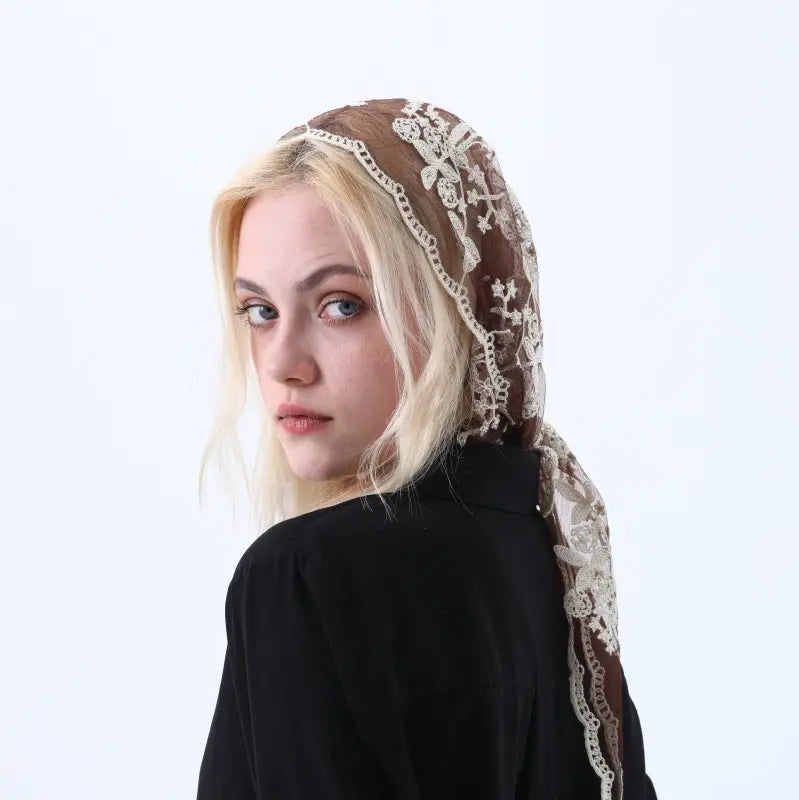 Retro Lace Floral Headscarf Brown