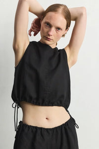 The Agnes Linen Drawstring Top Black