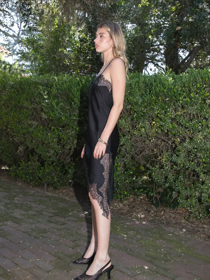 Linora Satin Lace Slip Dress Black