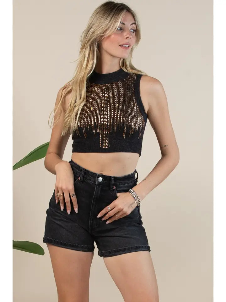 Rhinestone Knit Muscle Tank Black