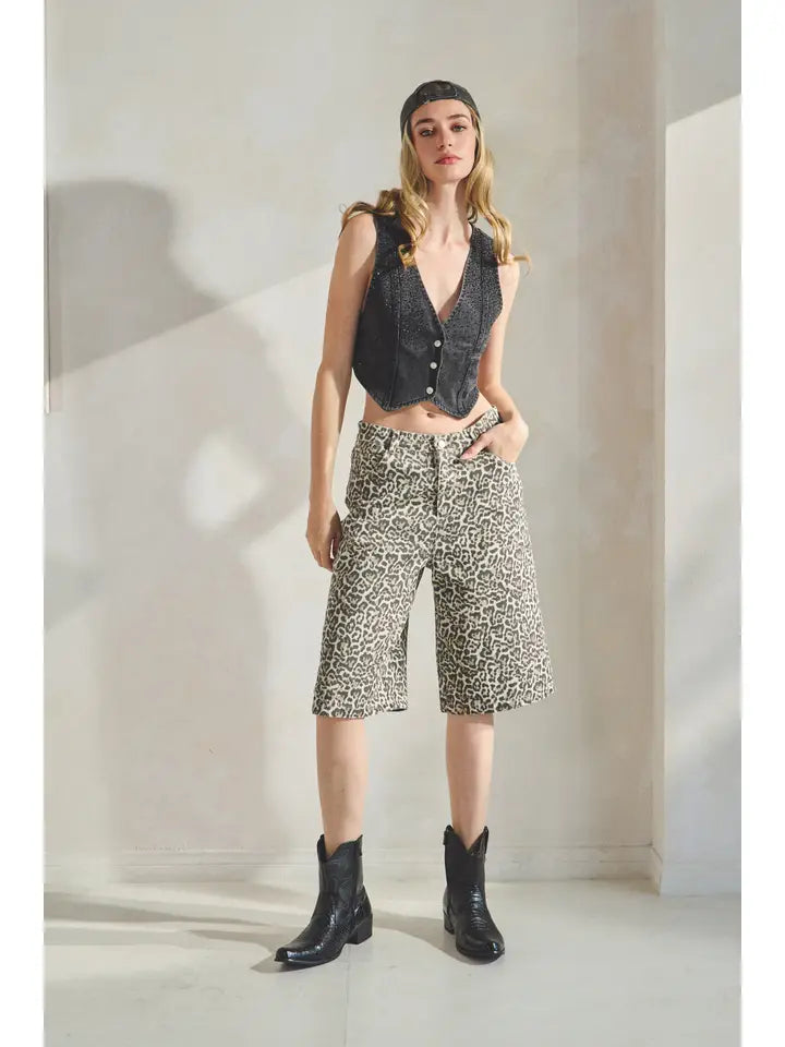 Leopard Denim Bermuda Shorts