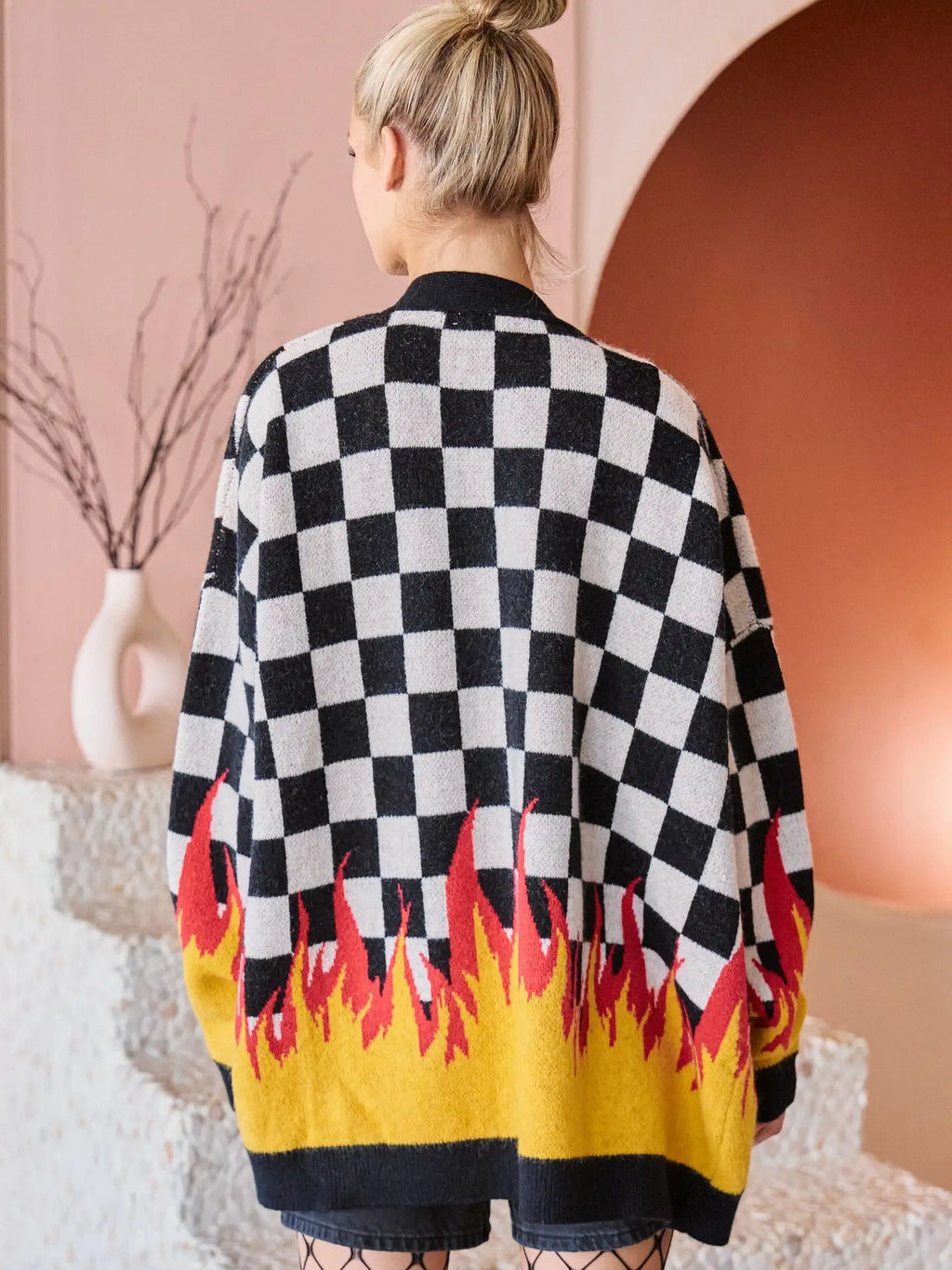 Checkered Flame Knit Cardigan