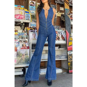 Backless Zip Up Denim Jumpsuit