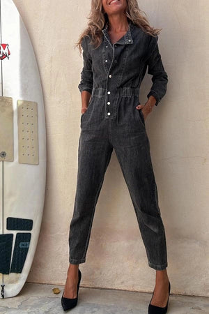 Long Sleeve Denim Jumpsuit Black