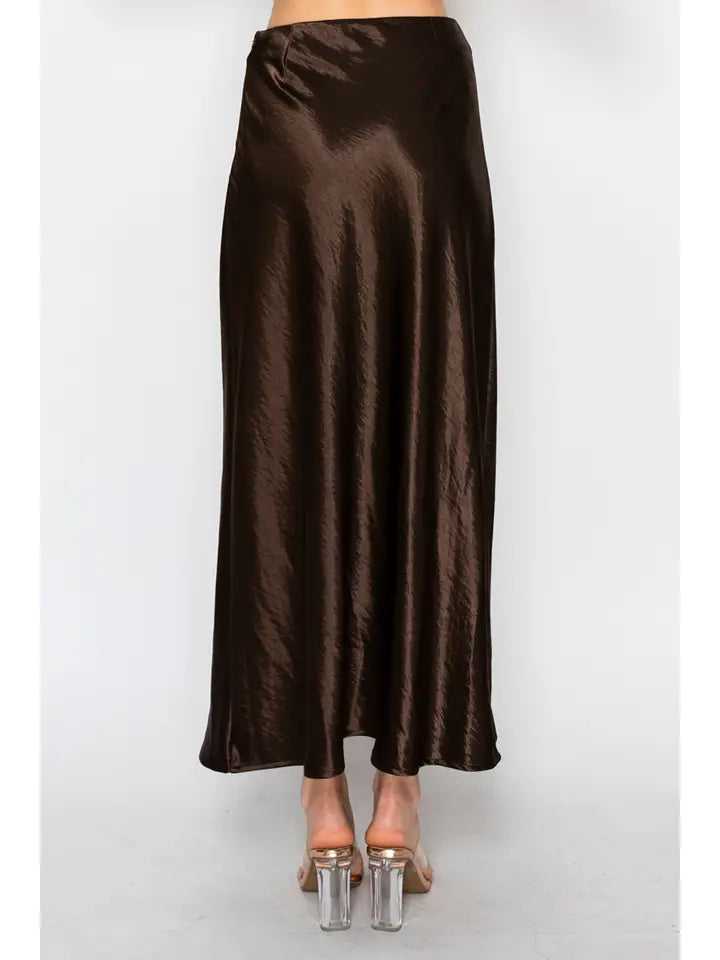 Satin Midi Skirt Brown
