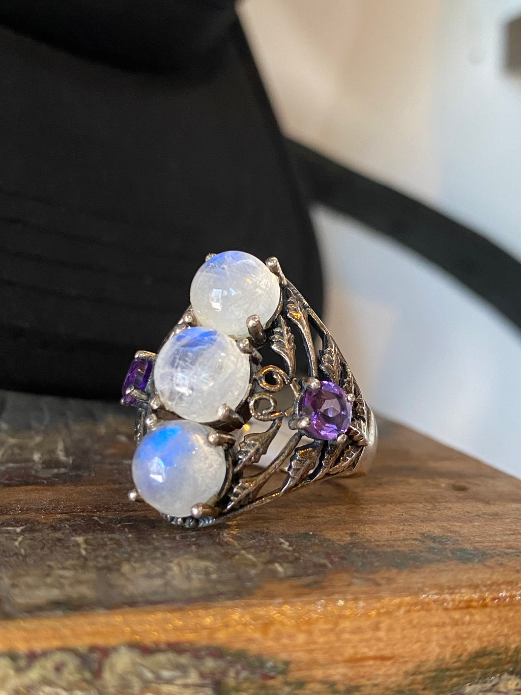 Vintage Moonstone and Amethyst Ring Size 10.5