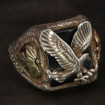 Vintage Sterling Onyx Eagle  Ring with Black Hills Gold Leaves Size 11.5