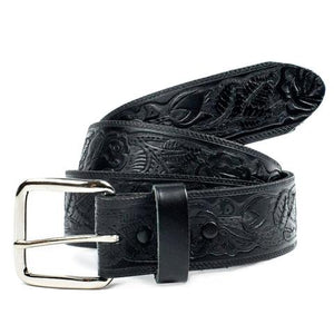 Floral Tooled Leather Belt Black