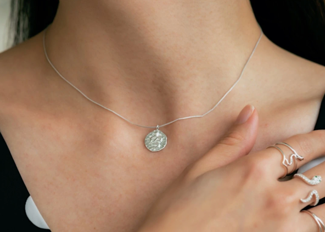 Hammered Snake Disc Necklace Silver