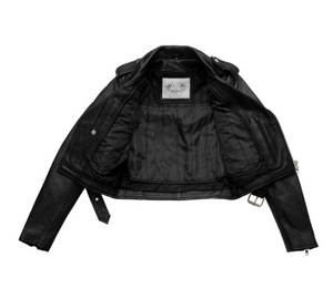 Katy Imogen Cropped Leather Motorcycle Jacket Black
