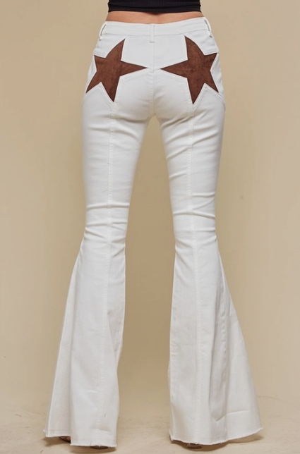 Star Patch Bell Bottom Pants White