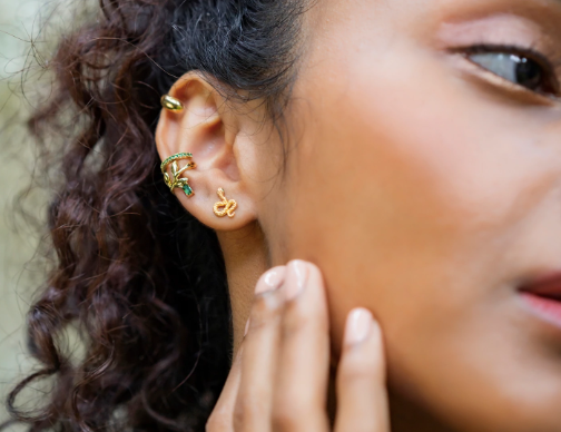 Baguette Stud Earrings Emerald Gold