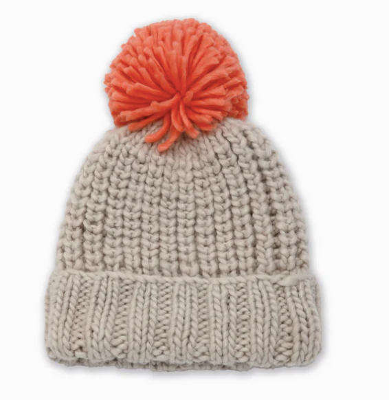 Hand Knitted Pompom Hat Beige