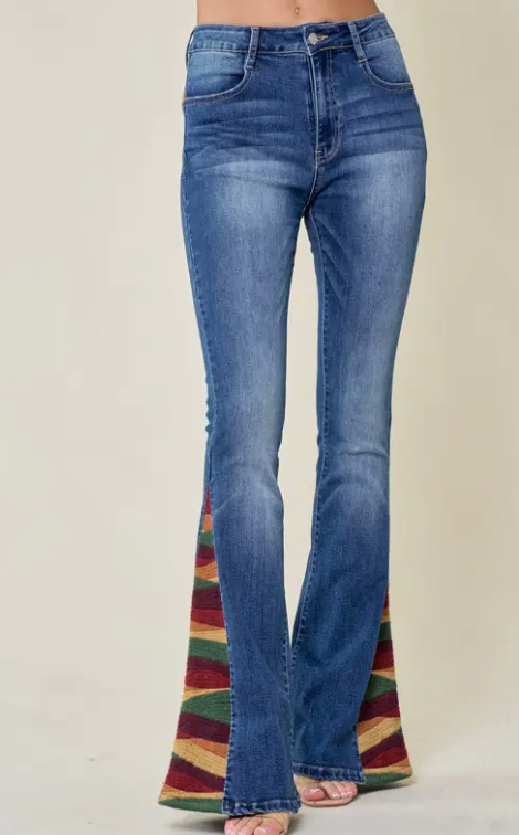 Embroidered Sun Bell Bottom Jeans