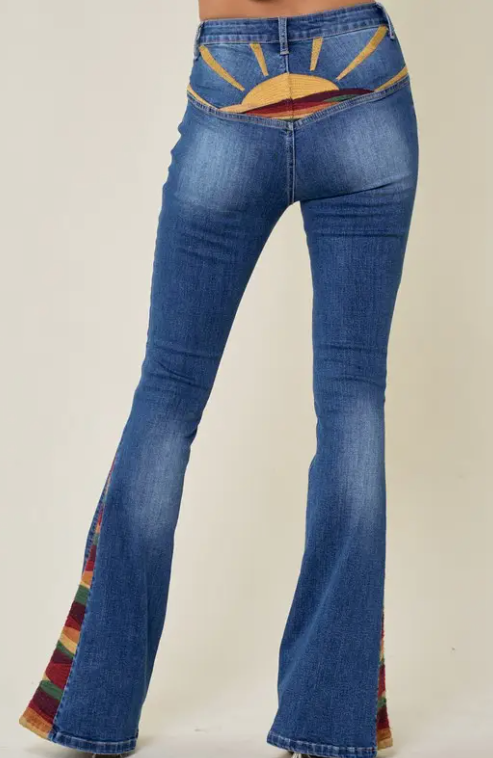 Embroidered Sun Bell Bottom Jeans