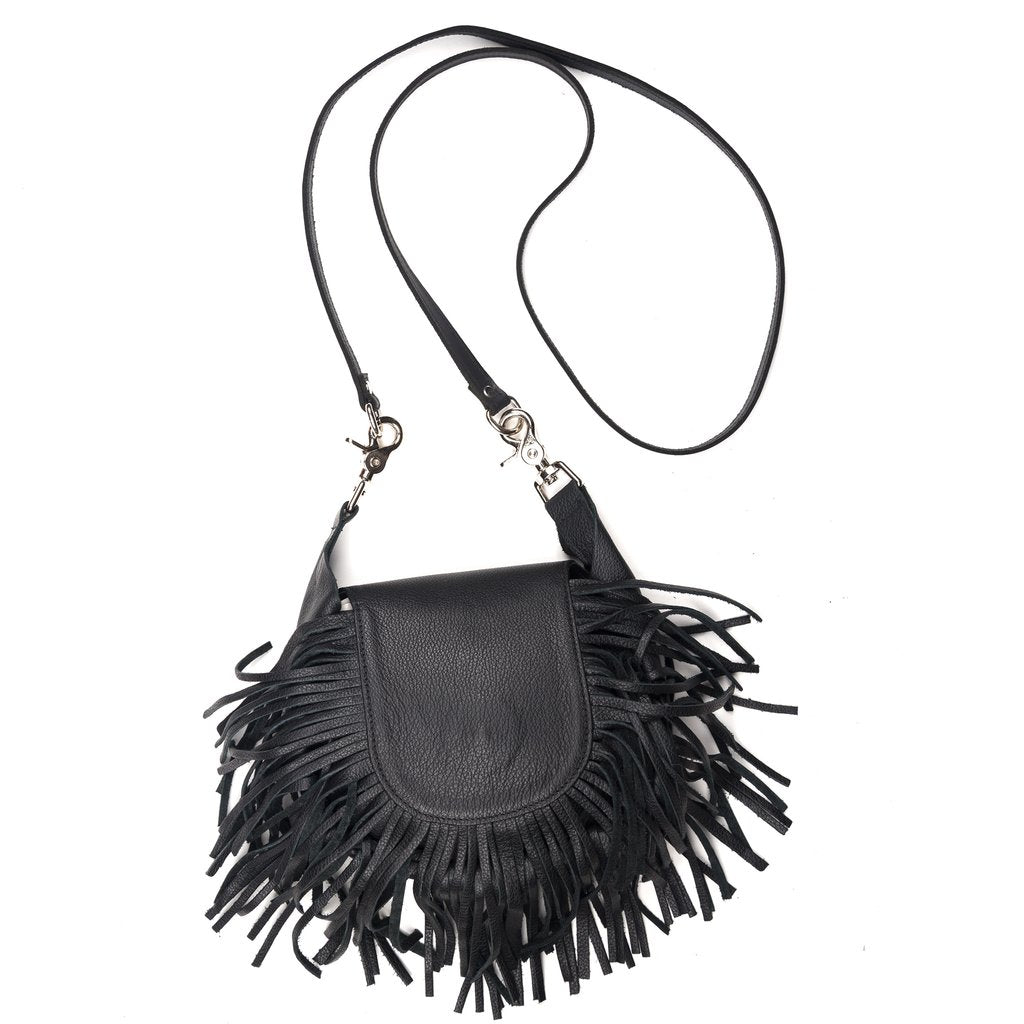 Fringe Leather Clip On Pouch Crossbody Black