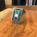 Turquoise Coral and Mother of Pearl Tiled Sq Ring Size 8