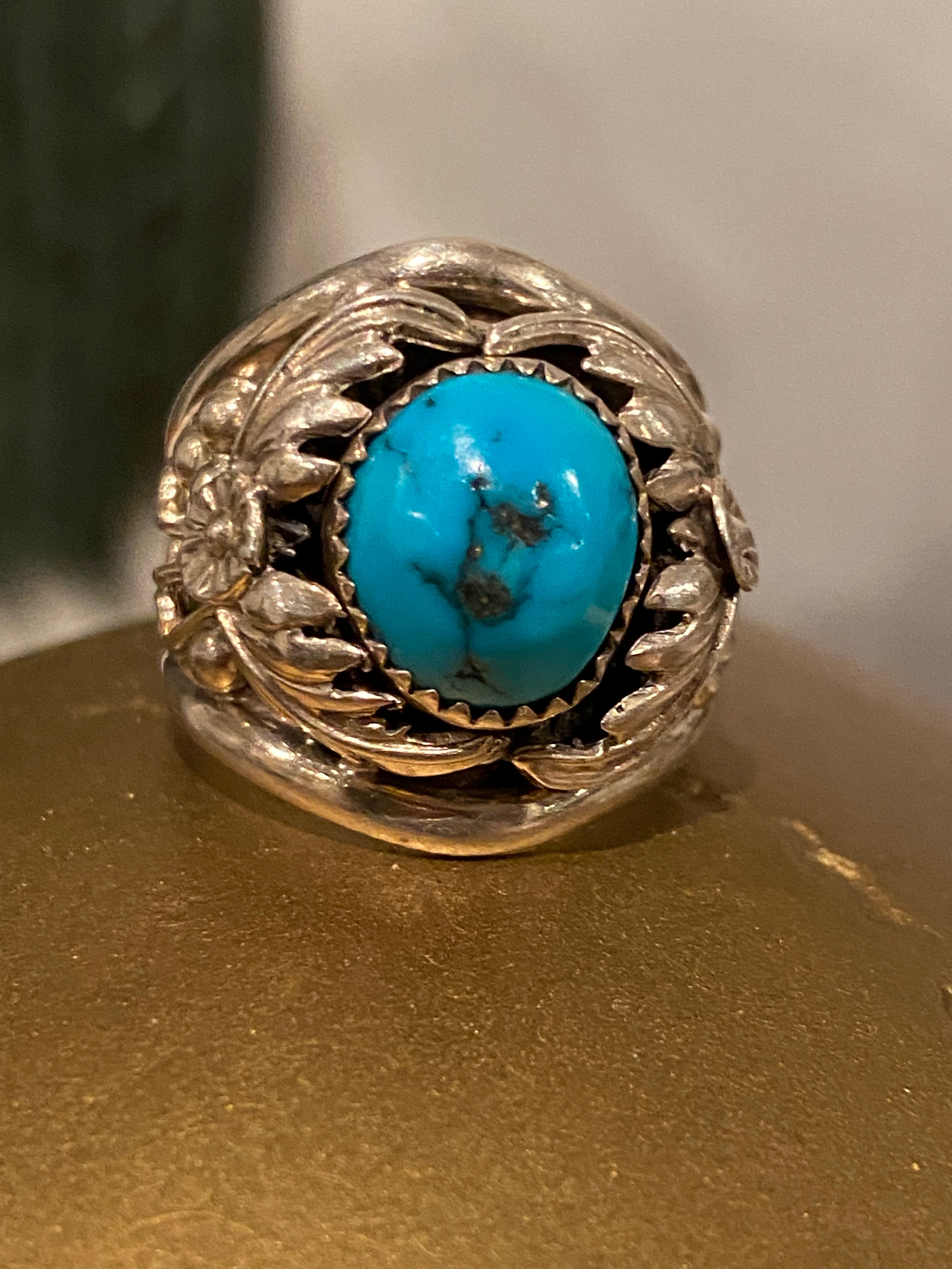 Vintage Sterling Leaf Turquoise Ring Size 9.5