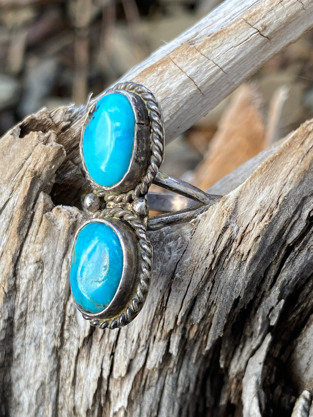 Vintage Sterling Dbl Turquoise Ring Size 5