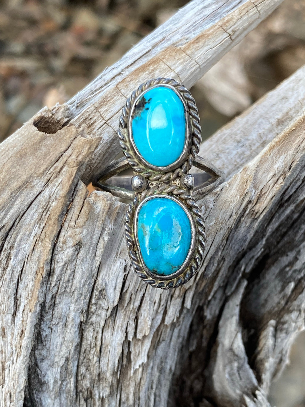 Vintage Sterling Dbl Turquoise Ring Size 5