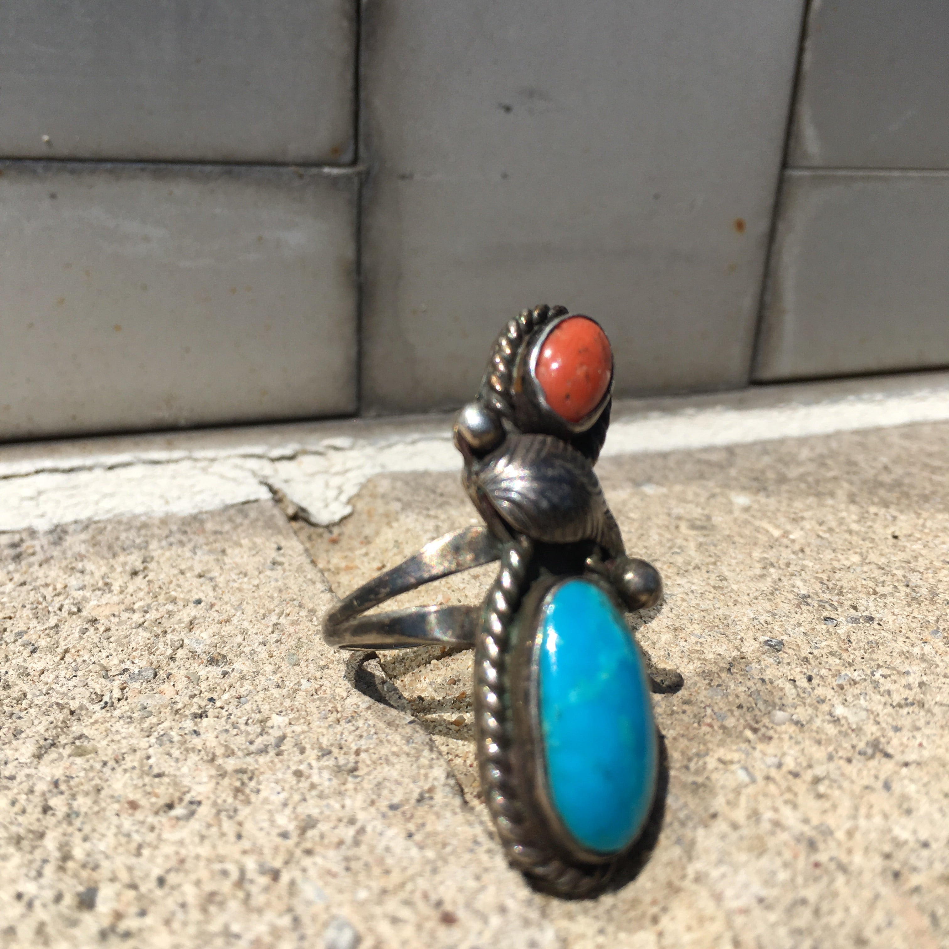 Vintage Coral and Turquoise Ring Size 6.75