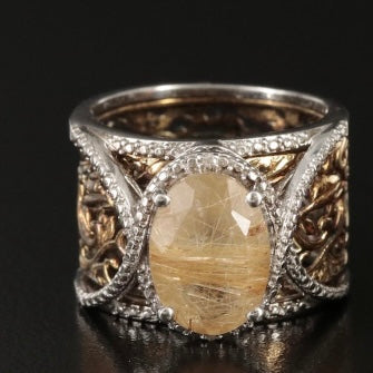 Vintage Sterling Tourmalinated Quartz Removable Insert Ring Size 10