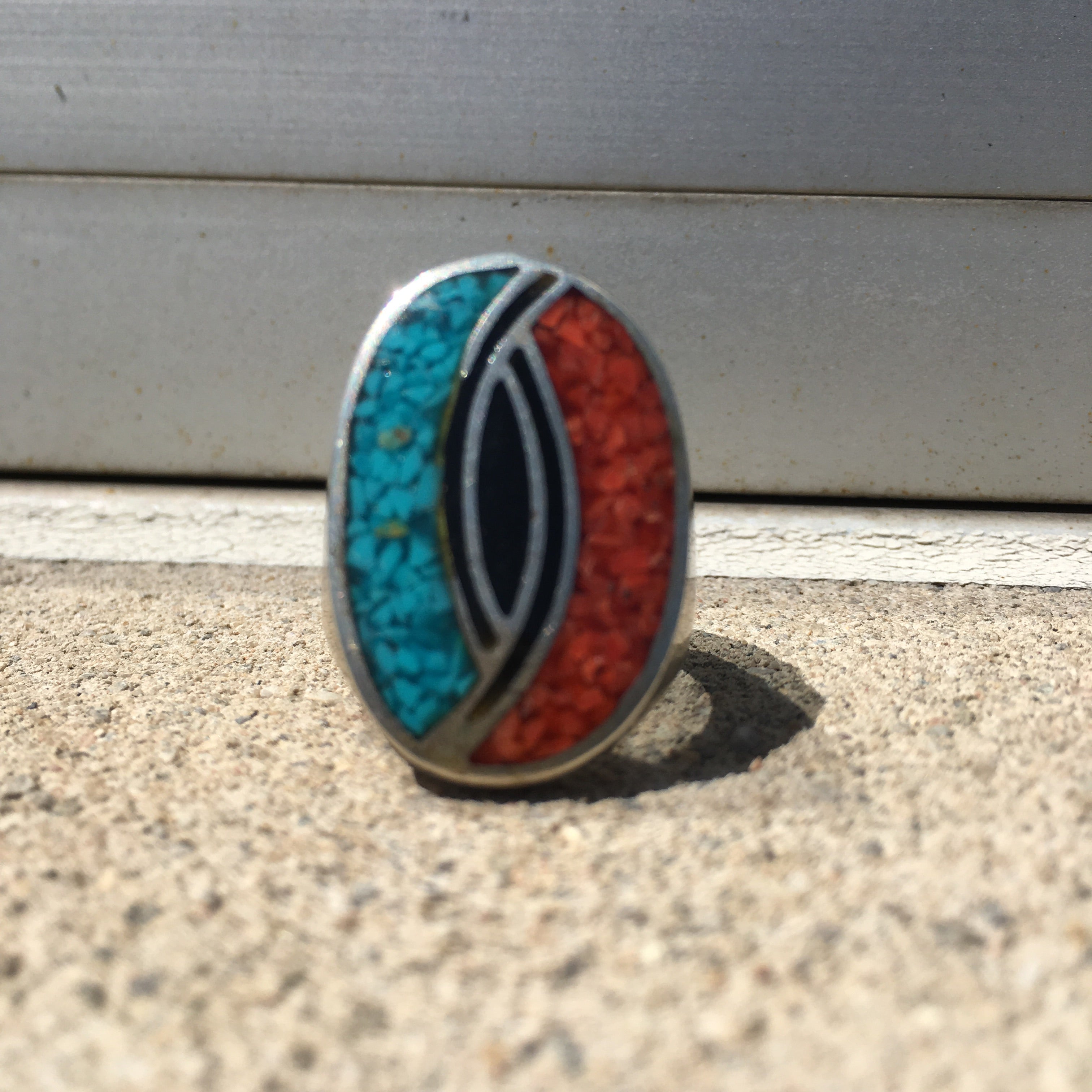 Vintage Sterling Turquoise and Coral Chip Ring Size 11