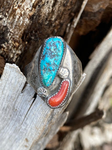 Vintage Turquoise and Coral Ring Size 9.5